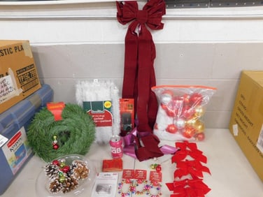 Christmas Decor Lot including Bows, Garland, Ornaments, Hooks, etc.