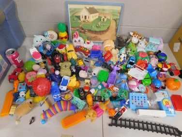 Large Lot of assorted Toys, Figures, Animals, etc. and an early Grant Wood Print