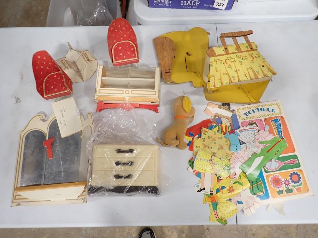 Vintage Toys incl Small Plush Dog, Paper Doll, Dollhouse Furniture Items, Etc (1 of 8)