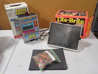 Toy Lot including Lite Brite and Radio Shack Draw Poker Game / Bank