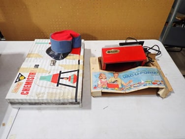 Vintage Toy Lot including Vac-U-Form Plastic Mold Toy Maker, Chemistry Set, Locomotive Engineer Hat