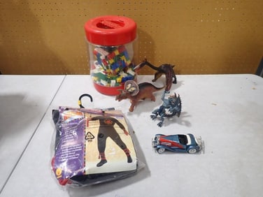 Misc. Toy Lot including Ninja Costume, Dinosaur Toys, Car, Lego Type Building Blocks