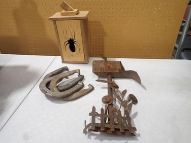 Misc Lot including Vintage Horseshoes, Metal Yard Art and Wooden Box with Spider Shape and lights in