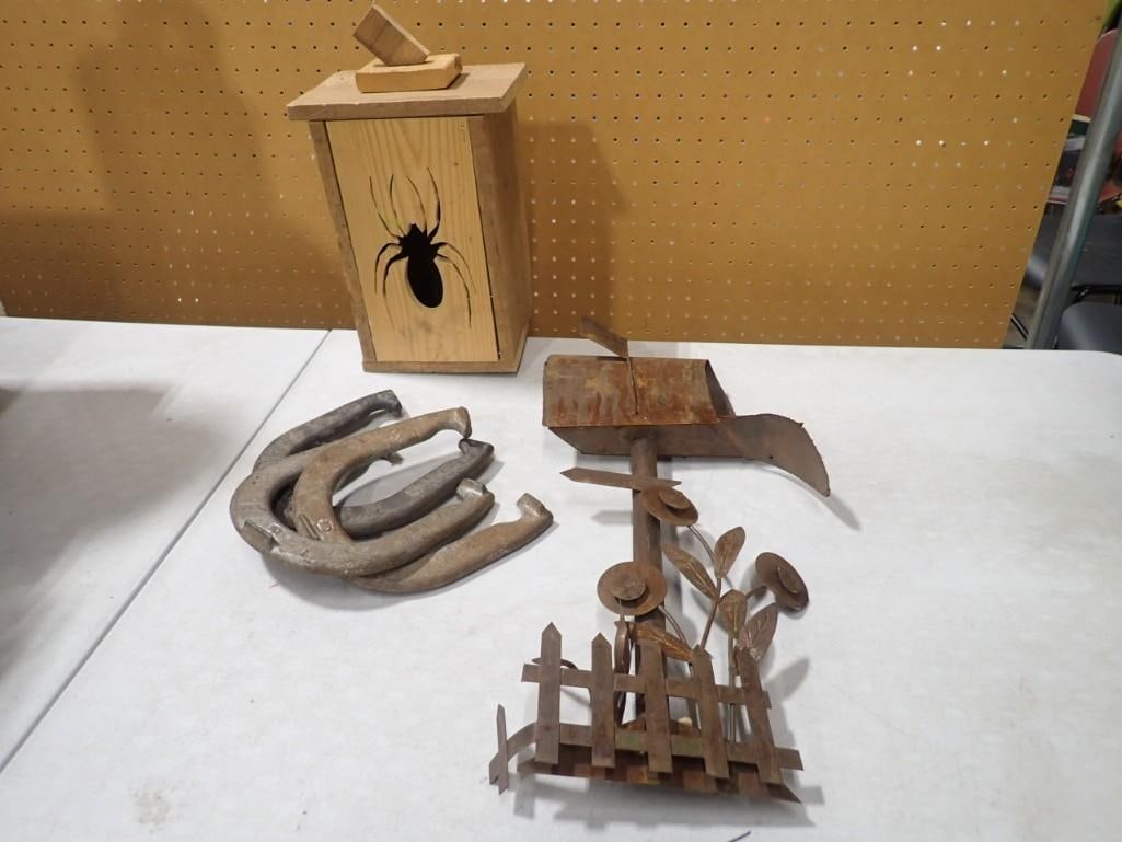Misc Lot including Vintage Horseshoes, Metal Yard Art and Wooden Box with Spider Shape and lights in (1 of 7)