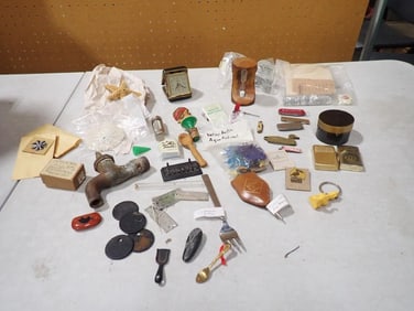 Lot of Vintage and Antique Smalls including Clock, Pocket Knives, Lighters, Wine Stoppers, Starfish,