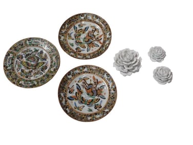 3 Vintage White Porcelain Flowers and 3 "Thousand Butterflies" porcelain plates, hand-painted