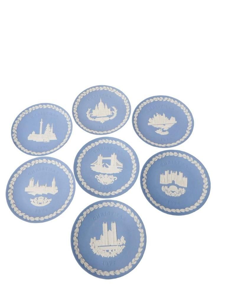 Set of 7 Wedgwood Jasperware Blue Plates: Set of 7 Wedgwood Jasperware Blue Plates All pictures are considered part of the description and should be examined carefully by bidders. Live Auctioneers is now offering Live Shipping through them.&#