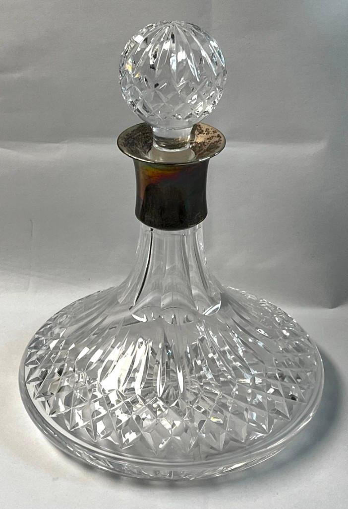 Waterford Crystal Lismore Ships Decanter Sterling Dublin Hallmark on Collar: Waterford Crystal Lismore Ships Decanter Sterling Dublin Hallmark on Collar. 10" x 8" signed halmarks are seated woman, harp All pictures are considered part of the description and