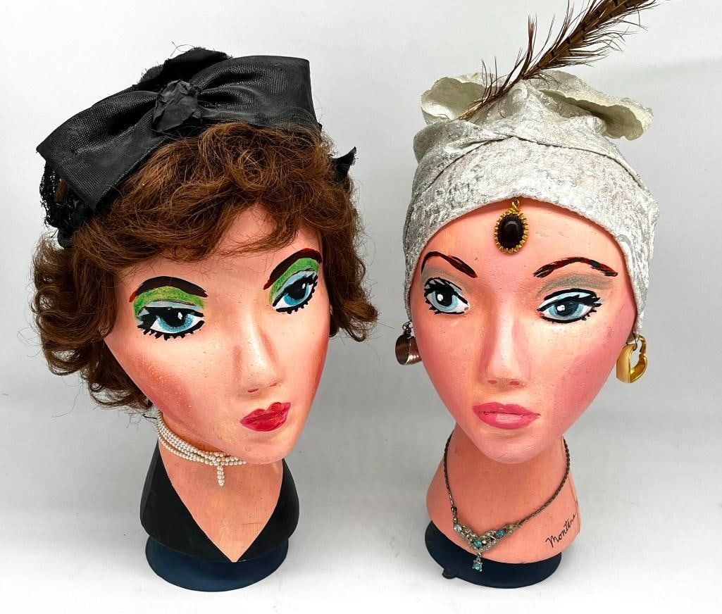 2 Vintage Montana Morrison Painted and Decorated Mannequin Head Store Displays 13" Tall (1 of 5)