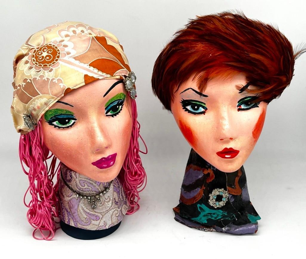 2 Vintage Montana Morrison Painted and Decorated Mannequin Head Store Displays 13" Tall (1 of 5)
