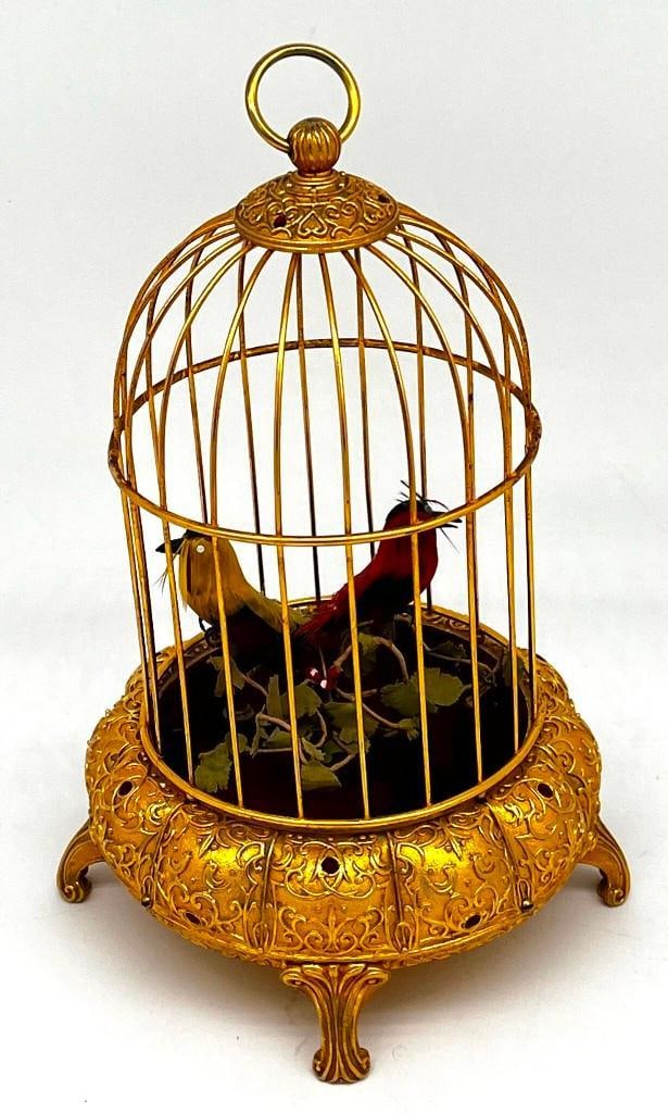 Vintage German Double Bird Automaton with Gilt Metal Cage and Inlaid Jewels (1 of 10)