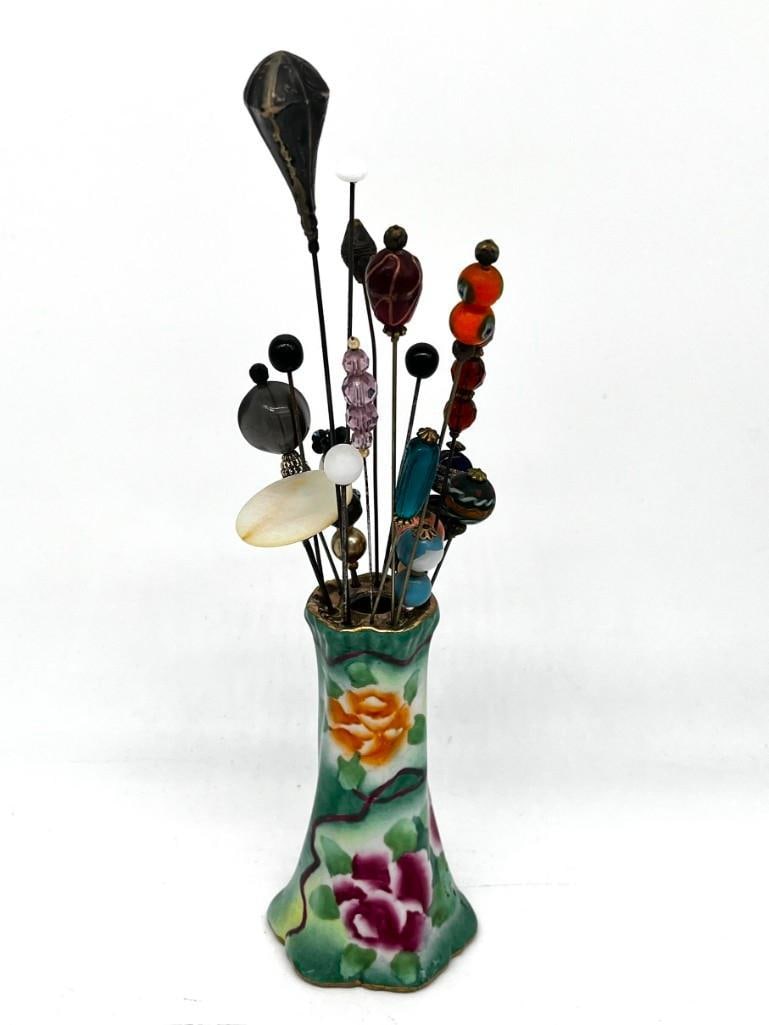 Vintage Lot of 20 Antique Hat Hair Pins Plus Porcelain Holder (1 of 11)