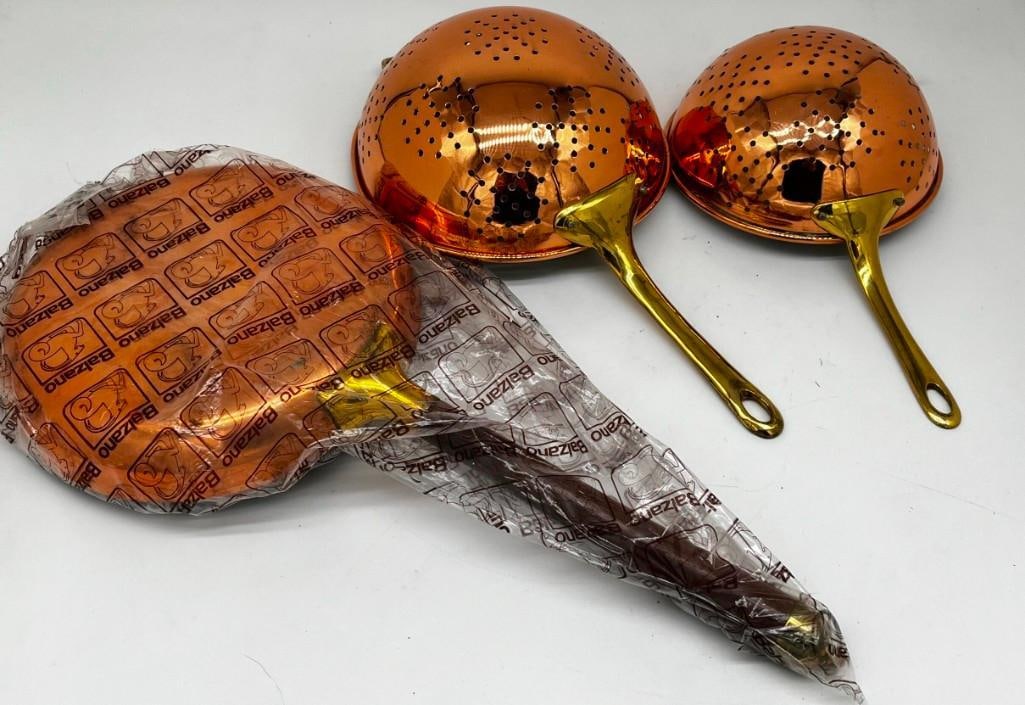 Lot of 3 Copper cookware, Balzano 9" sauce pan, 8" & 7" colanders (1 of 4)