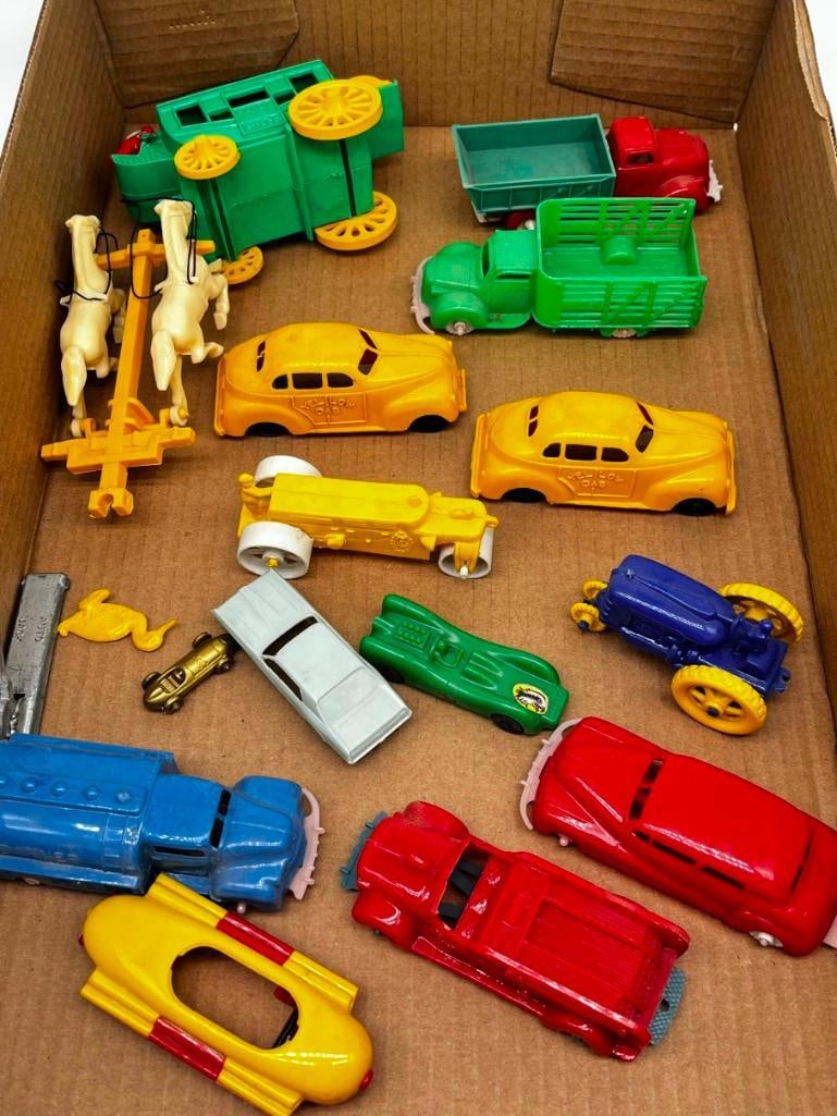 Lot of 12+ Vintage Plastic USA Toys, Cars, Cabs Tractors Trucks etc: Lot of 12+ Vintage Plastic USA Toys, Cars, Cabs Tractors Trucks etc All pictures are considered part of the description and should be examined carefully by bidders. Live Auctioneers is now offer