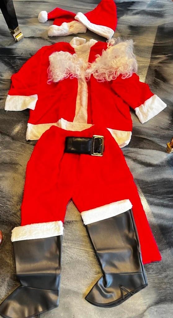 Vintage Christmas Rubies brand Santa Claus suit XLarge adjustable size: Vintage Christmas Rubies brand Santa Claus suit XLarge adjustable size . Clean, complete with beard, wig, spats, jacket pants, belt, 2 hats All pictures are considered part of the descript