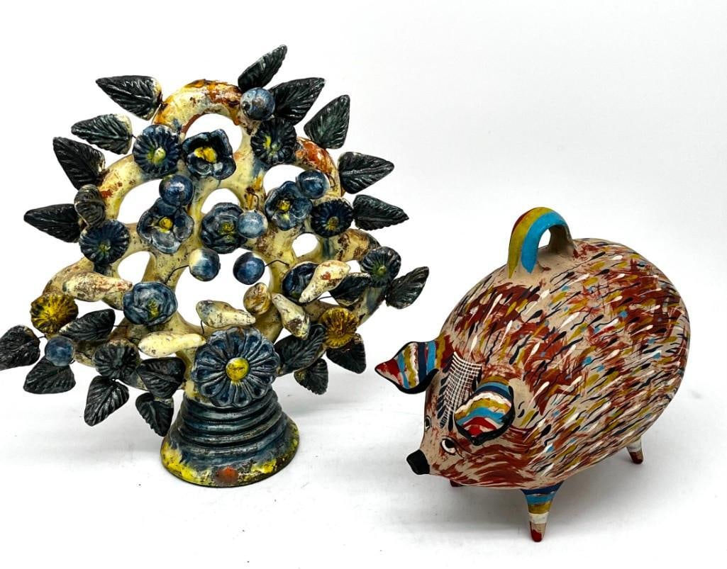 Vintage Mexican Pottery Tree of Life & Piggy Bank: Vintage Mexican Pottery Tree of Life & Piggy Bank. Piggy bank is 8 inches. Tree of Life is 12 inches. All pictures are considered part of the description and should be examined carefu