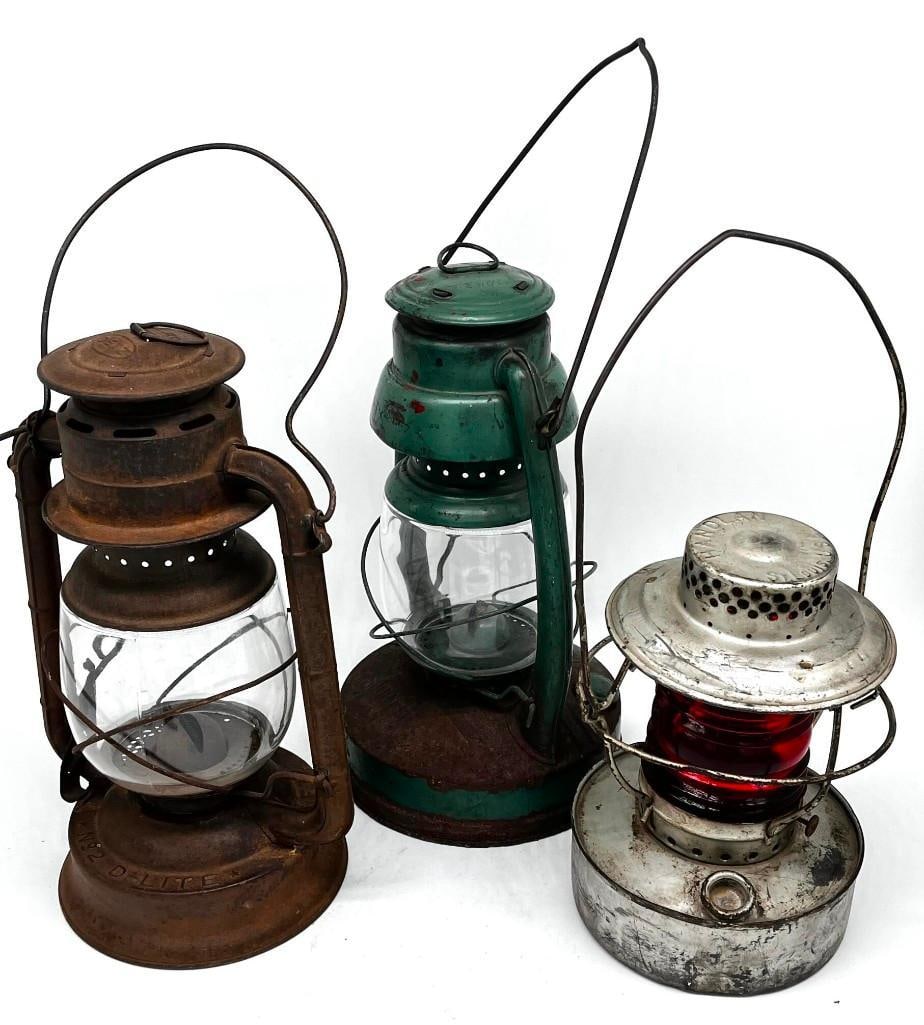 Lot of 3 Vintage Lanterns - Handlan, Deitz, Embury: Lot of 3 Vintage Lanterns - Handlan, Deitz, Embury All pictures are considered part of the description and should be examined carefully by bidders. Live Auctioneers is now offering Live Shipping thr