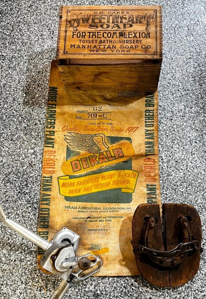 Primitive Lot, Dekalb Corn Sack, Sweetheart Soap Wooden Crate, Lucky Horshoe and More (1 of 6)