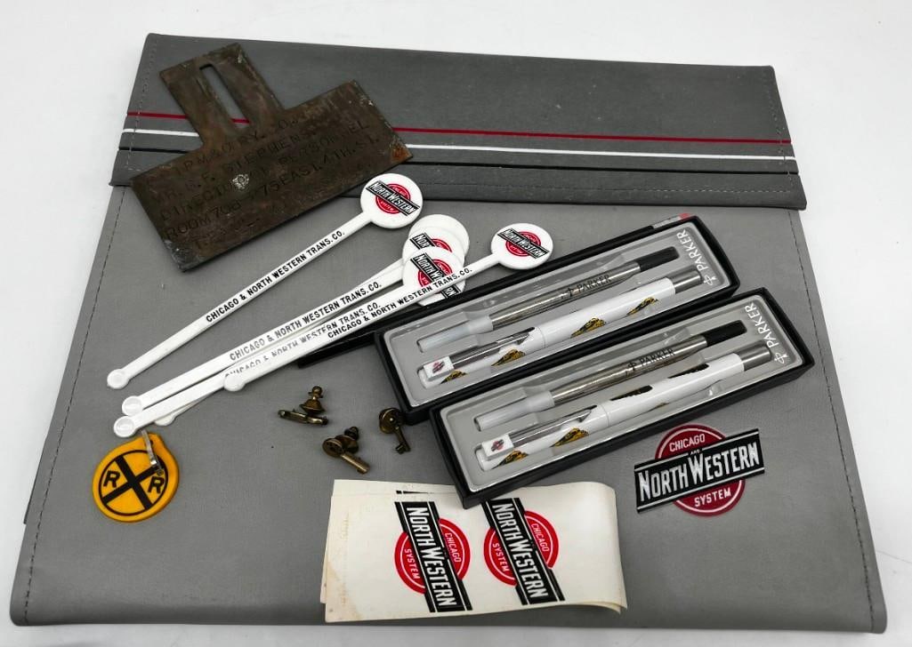 Chicago and Northwestern Railroad Lot of Pens, Pins, Stir Sticks Brass Tag, and More (1 of 4)
