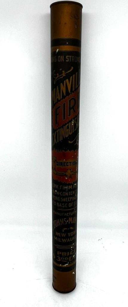 Antique Manville Fire Extinguisher Cylinder with Contents: Antique Manville fire extinguisher cylinder with contents. Great condition. 22" All pictures are considered part of the description and should be examined carefully by bidders. Li