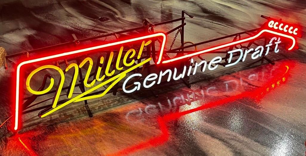 Vintage Miller Golden Draft Guitar Neon Sign: Vintage Miller Golden Draft Guitar Neon Sign Tested Working.50 x 13 in. All pictures are considered part of the description and should be examined carefully by bidders. Live Auctioneers is now offerin