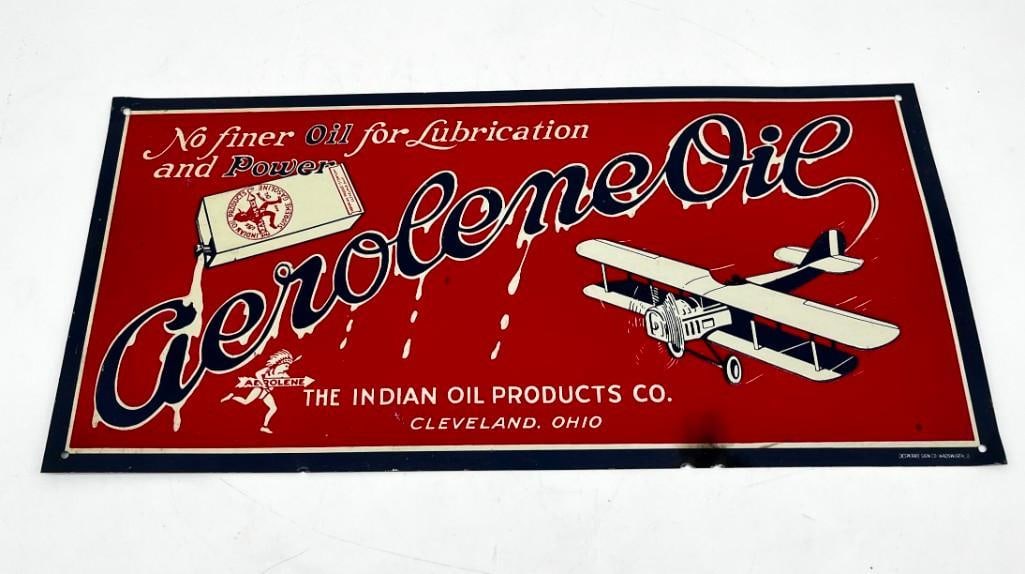 Vintage Indian Aerolene Oil Metal Advertising Sign: Vintage Indian Aerolene Oil Metal Advertising Sign Good condition.15 x 8 in. All pictures are considered part of the description and should be examined carefully by bidders. Live Auctioneers is now of