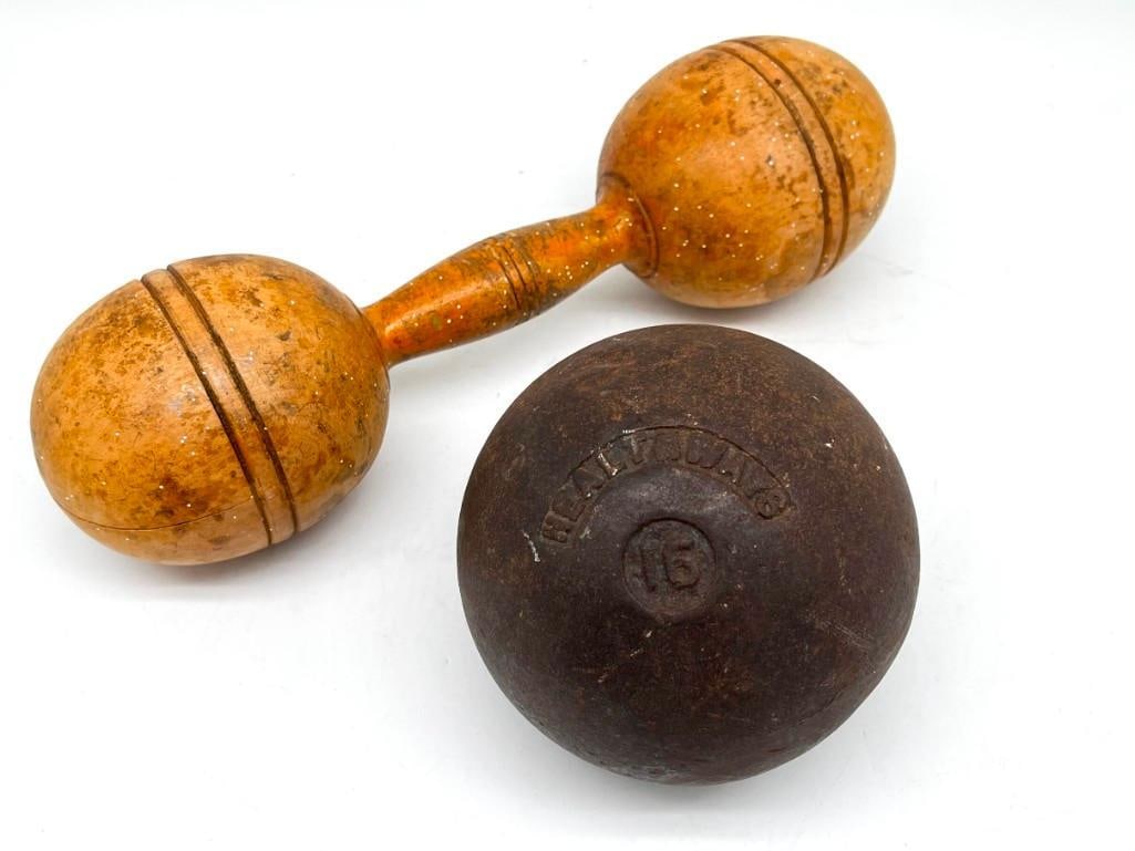 Antique 16lb Healthways Shot Put & Wooden Dumbbell (1 of 2)