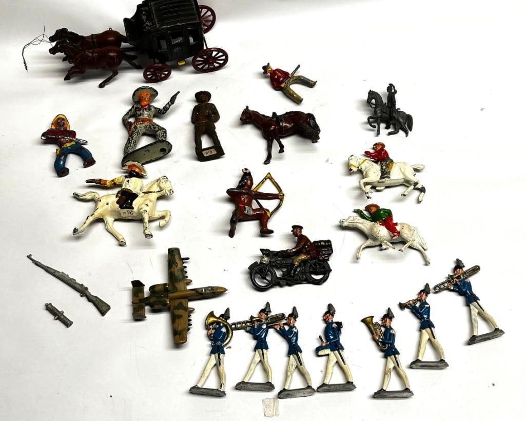 Lot of 18 Vintage Lead Figures - Military, Cowboys / Indians, Stage Coach, English & more: Lot of 18 Vintage Lead Figures - Military, Cowboys / Indians, Stage Coach, English & more As is, some may be missing parts.. All pictures are considered part of the description and should be examined