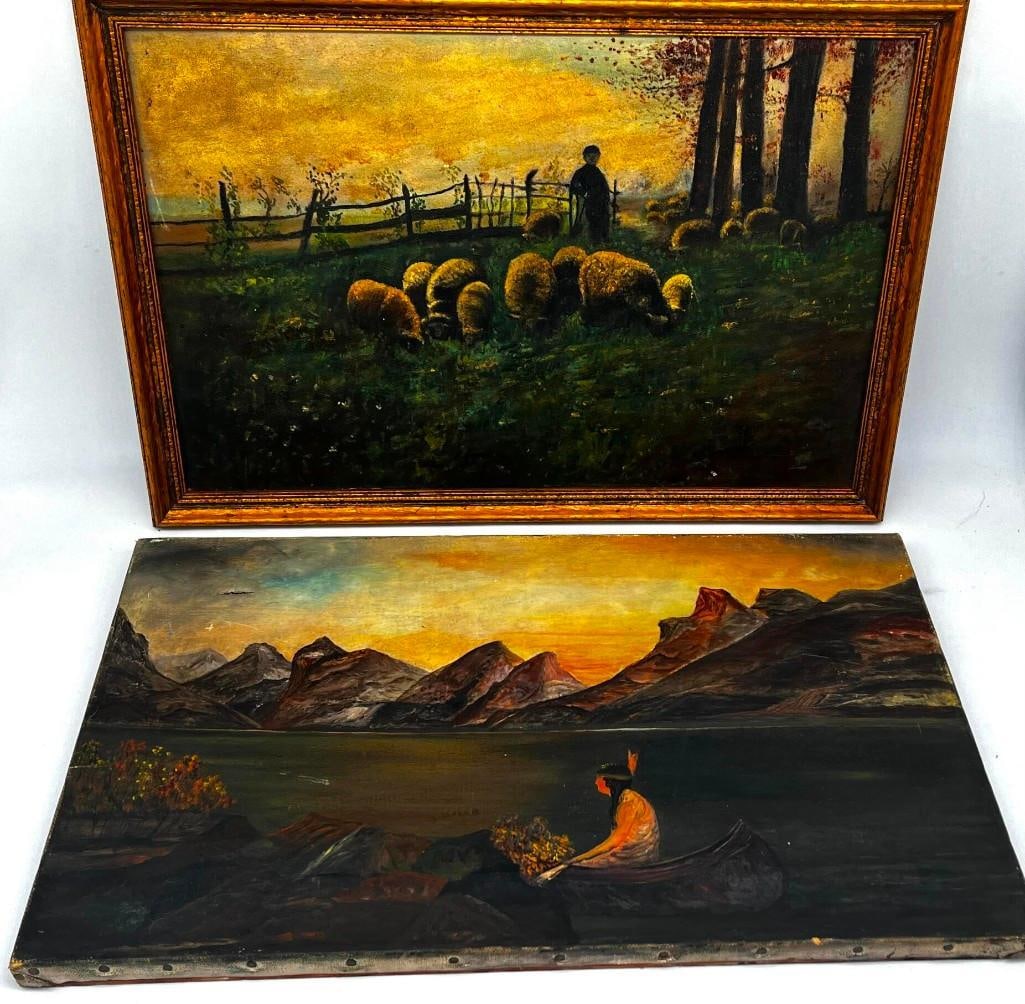 2 Antique Oil on Canvas Paintings, Native American Indian and Sheep (1 of 4)