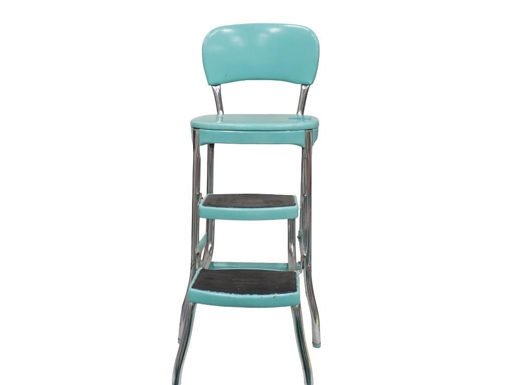 MCM Turquoise Cosco Kitchen Stool with Fold out Foot Rest Aqua or Robin Egg Blue (1 of 4)