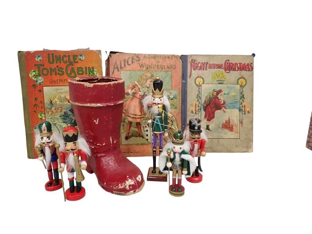 Antique Night Before Christmas Book, Paper Mache Santa Claus Boot, Mini Nutcrackers, Etc (1 of 11)