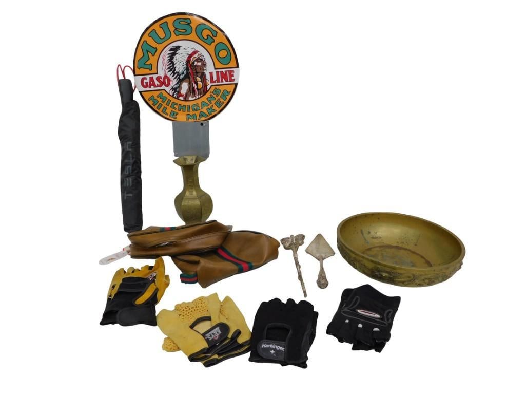 Very Odd Lot of Asian Brass Vase Bowl, 3 Metal Signs Biker Gloves Butterfly Salad Tongs and More (1 of 8)