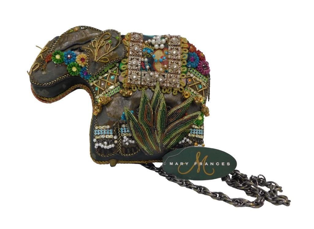 Mary Frances " Larger than Life" Elephant Embellished Beaded Purse for Parts or Repair: Mary Frances " Larger than Life" Elephant embellished beaded purse for parts or repair w/tags, extra beads, Sold as is for repair or parts, leatherette is flaking 9" All pictures ar