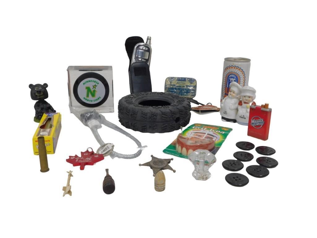 Vintage Junk Drawer Lot Terry Reilly Puck, Lighter, Cell phone Flask Military Buttons: Vintage Junk drawer lot Terry Reilly Puck, lighter, cell phone flask military buttons Illini Beer can, Harley Davidson ornament, salt and pepper All pictures are considered part of the descript