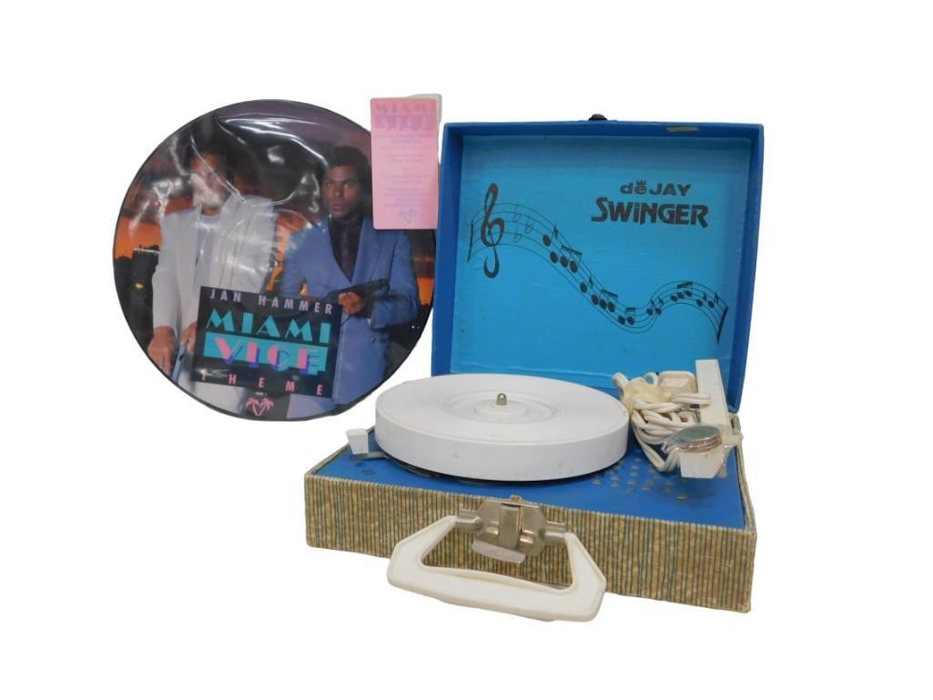 Vintage DeJay Swinger Portable Record Player with Miami Vice Picture LP Record Album (1 of 5)
