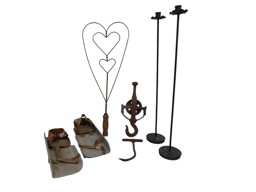 Primitive Lot of Skates, Pulley, Rug Beater, Candlesticks: Primitive Lot of Skates, Pulley, Rug Beater, Candlesticks Candlesticks are 25in tall All pictures are considered part of the description and should be examined carefully by bidders. Live Auctio