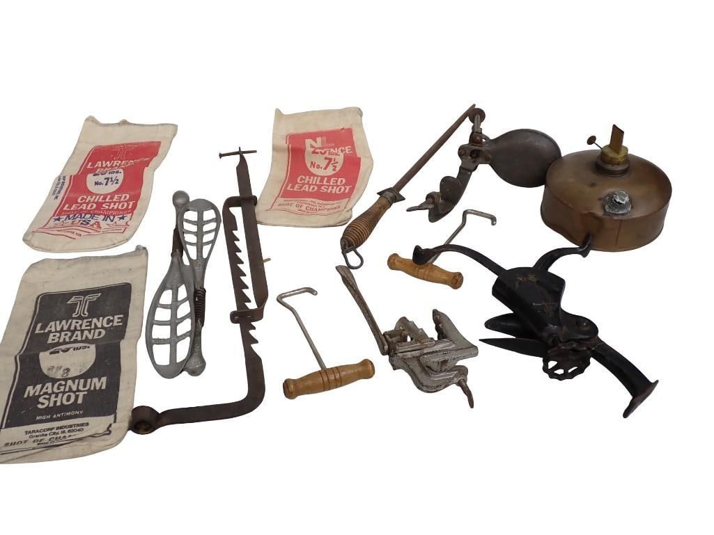 Lot of Primitive Gadgets - Nutcracker, Pomeroy Shoe Holder, Rallman & more: Lot of Primitive Gadgets - Nutcracker, Pomeroy Shoe Holder, Rallman & more. Lamp base is dented. Please see all pictures. All pictures are considered part of the description and should