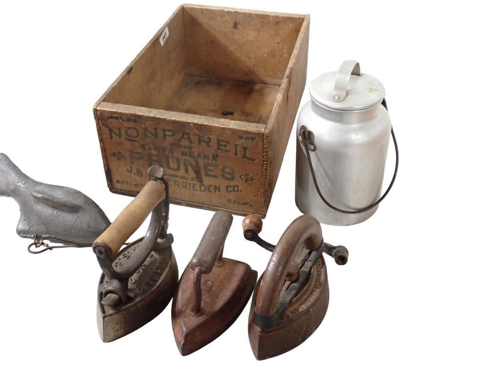 Antique Wooden Prune Box w/ 3 Antique Irons & Lead Fish Down Rigger Weight (1 of 7)