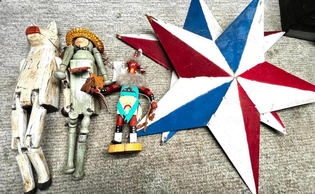 Articulated Folk Art Pig and Girl Carved Figures , Indian Statue and 2 Metal Stars (1 of 2)
