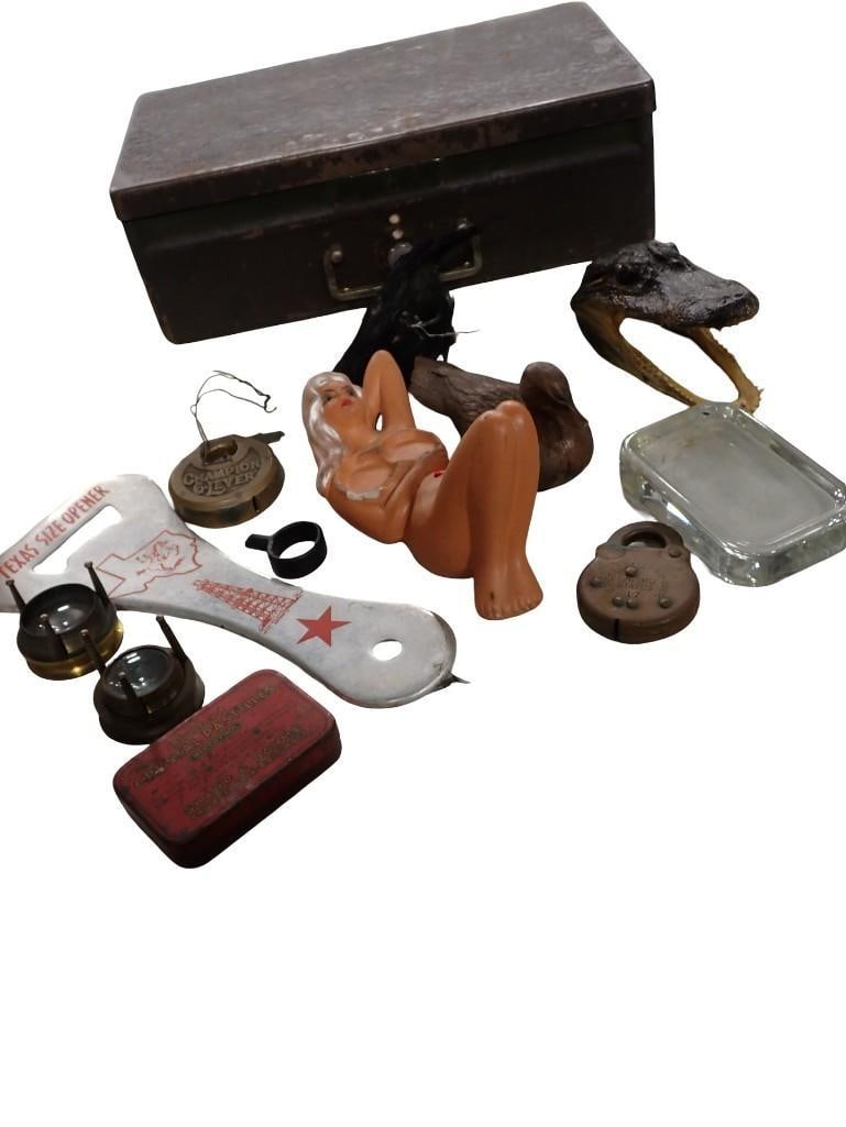 Cool Junk Drawer Lot of Alligator Head, Old Locks, a Black Crow and a Beautiful Lady (1 of 11)