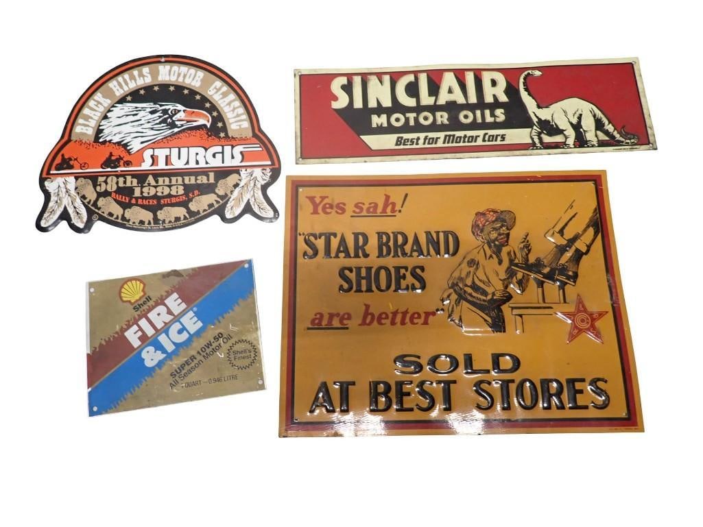 4 vintage metal advertising signs Sinclair, Shell, Sturgis, Star Brand Shoes (1 of 10)