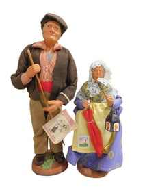 2 French Santon Figures incl 9 1/2" Lady Santon with Blue Dress Yellow Apron Red Umbrella and