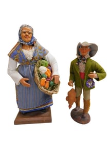2 French Santon Figures incl Santon Lady Wearing a Blue Dress Holding a Large Vegetable Basket and