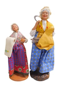 2 French Santon Figures incl 9" Lady Santon with Red Flowered Skirt, Red & Blue Check Apron, Linen