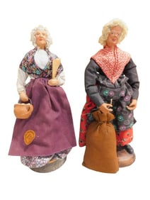 2 French Santon Figures incl 10 1/2" Lady w/ Clay Pot and Shells, Paper Flower Holder, Purple Outfit