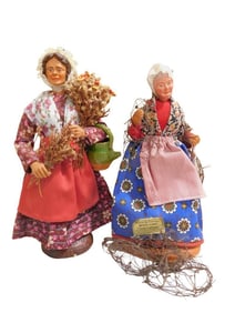 2 French Santon Figures incl 8" Lady Holding 2 Bunches of Flowers, Clay Water Bucket, Purple and Red