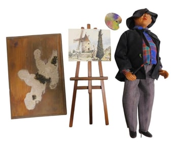 French Santon Figure 12" Man Artist with Easel, Palette, Paint Brush