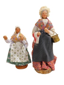2 French Santon Figures incl 7 1/2" Lady Carrying a Circular Thing Wearing a Green Skirt and