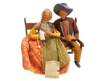 French Santon Figure 10"x9" Man and Woman Sitting on Bench, Knitting, Newspaper