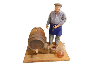 French Santon Figure 10 1/2" x 12" Wine Maker with Barrel